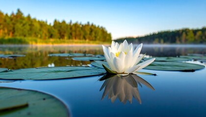 White water lily on calm lake