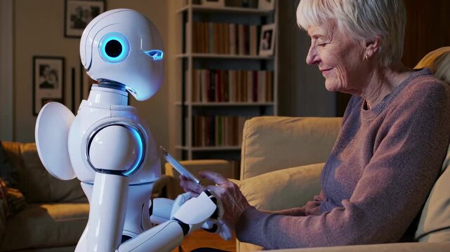 A heartwarming video scene of a senior woman interacting with a humanoid robot, captured from a side angle in a cozy living room setting.