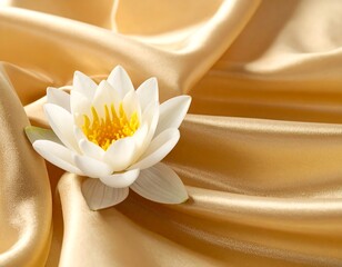 White water lily with yellow center on folded golden fabric