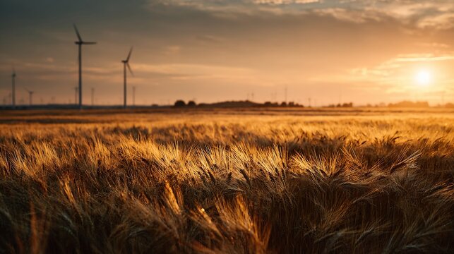 Wheat field at sunset with wind turbines in the background, energy production, nature, sustainability - Powered by Adobe