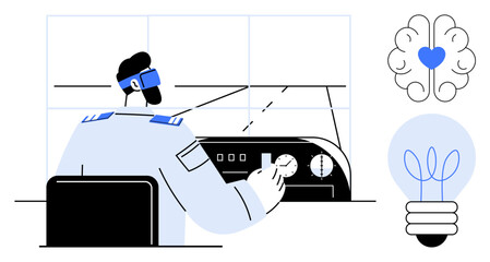 Pilot using controls at cockpit console, brain with heart in center, light bulb. Ideal for innovation, creativity, leadership, technology, problem-solving decision-making aviation. Simple flat