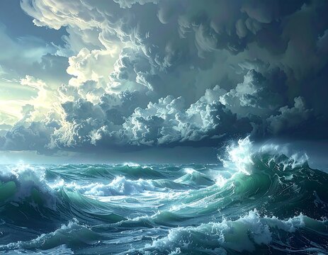 Dramatic ocean scene with stormy clouds and towering waves, in vibrant blues