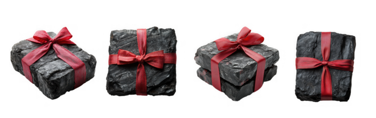 Four lumps of coal wrapped as christmas gifts with red ribbon isolated on transparent background