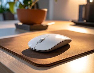 White wireless mouse on brown leather mousepad