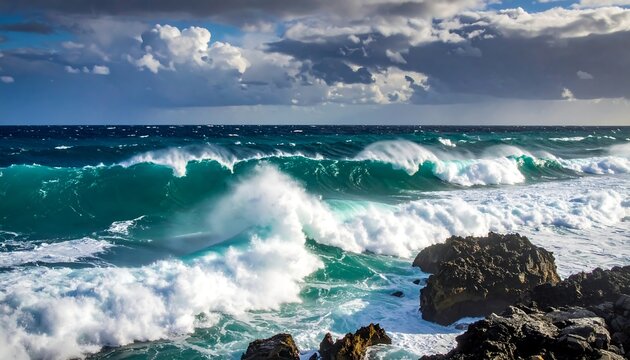 Dramatic ocean waves crashing on rocks