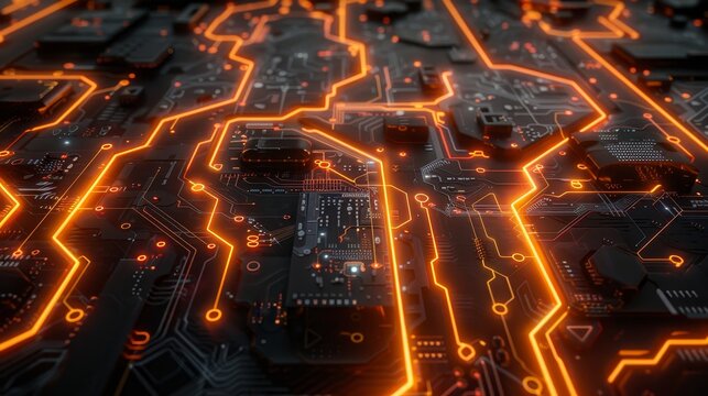 Futuristic abstract circuit board design featuring luminous orange led lights and polygon shapes