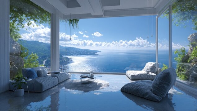 Modern living room offers panoramic ocean views with lush greenery & reflective floors