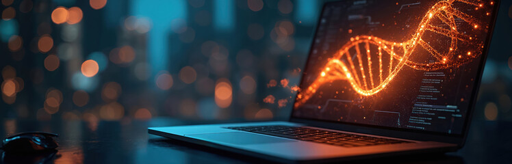 Laptop displays glowing DNA strand graphic. Computer mouse on table beside notebook. Science tech concept illustrates research innovation genetics. Biochemistry molecular biology background AI design.