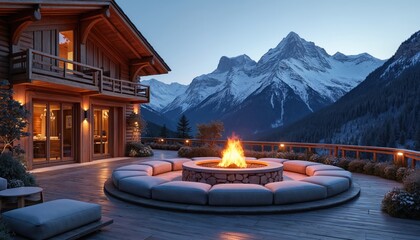 Luxury wooden chalet terrace with outdoor fire pit and seating area. Snow capped mountains form a scenic backdrop. Cozy warm evening lighting on wooden deck and cabin.