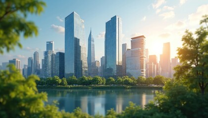 Obraz premium Modern urban city skyline features sleek glass office skyscrapers gleaming. Tall buildings reflect in tranquil river water, creating beautiful mirror images. Rich green trees frame vibrant cityscape.