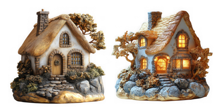 Two charming fairy tale cottages with thatched roofs and glowing windows isolated on transparent background