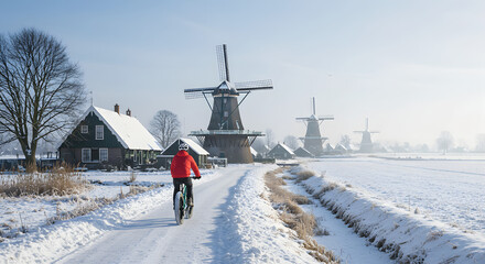Fototapeta premium A sustainable winter cycling tour through a Dutch snow-covered countryside