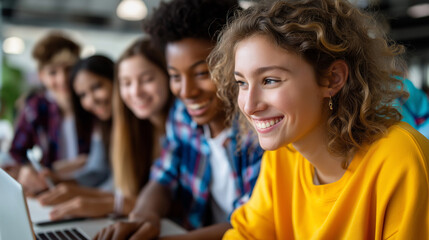 A group of young smiling college students from diverse backgrounds discussing a project on a laptop in a classroom, diversity, inclusivity, interracial couples, plus-size models, e