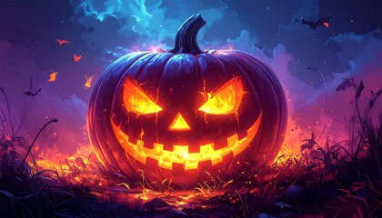 Fototapeta premium Glowing jack-o'-lantern at night