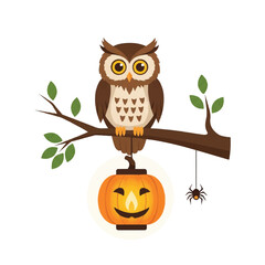 An owl sits on a branch above a hanging pumpkin lantern A spider dangles nearby
