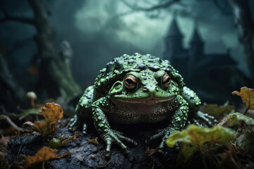 Big green frog toad dark scary background autumn Halloween holiday AI Generative