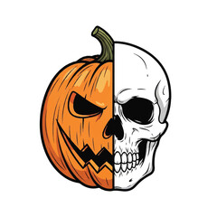 Half pumpkinhalf skull illustration in orange black white and green on white background