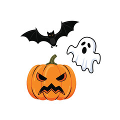 Halloween graphics A jackolantern a bat and a ghost on white