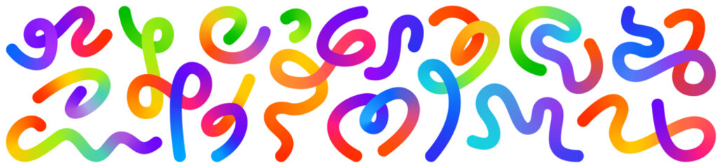 Gradient Organic Wavy Lines Set in Vibrant Rainbow Colors. Abstract Smooth Flowing Ribbon Shapes for Modern Party Posters, Events, Covers, Social Media, Creative Branding. Vector illustration
