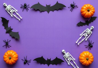 Halloween theme with skeletons spiders bats and pumpkins on purple background