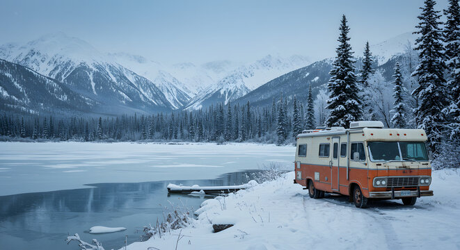An offbeat winter road trip through the Alaskan wilderness with a vintage RV parked by a frozen lake