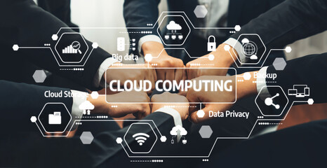 A dynamic image showcasing teamwork with hands united, symbolizing collaboration in cloud computing. It highlights vital aspects like data privacy and backup solutions for businesses. Amity