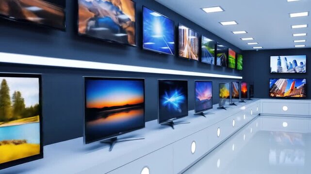 Modern electronics retail space showcasing a wide selection of high-definition television displays, emphasizing advanced home entertainment technology and consumer electronics
