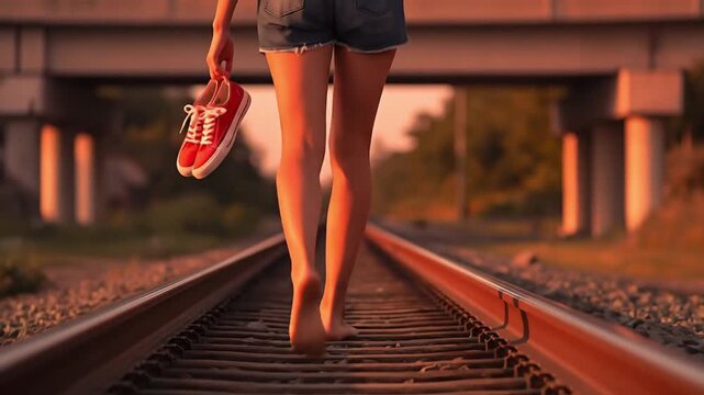 Barefoot figure with shoes walks on rails under bridge sunset light