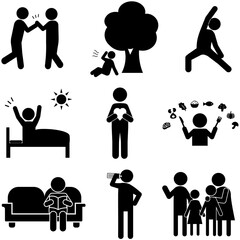 ウェルビーイング　日常生活と健康習慣を表すシルエットアイコンセット