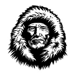 Arctic explorer portrait silhouette vector – rugged bearded man in fur parka hood, vintage polar expedition character