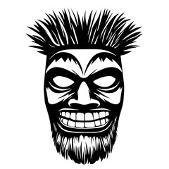 Fierce tiki mask silhouette vector &ndash; Polynesian tribal wooden totem face with beard and spiky hair