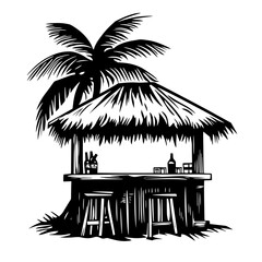 Tiki beach bar silhouette vector – bamboo hut with palm tree, stools and cocktail counter, exotic island summer paradise scene