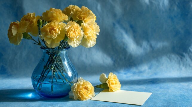 Yellow carnations in blue vase with blank card on blue textured background. Suitable for gifting