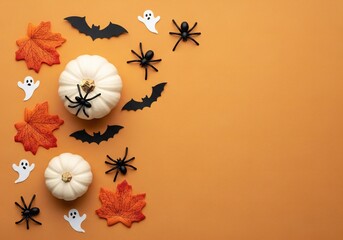 White pumpkins black spiders bats ghosts and orange leaves arranged on an orange background