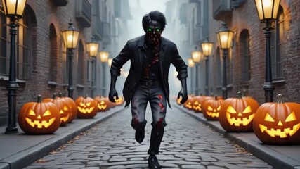 Zombie running down a halloween street lined with jack o lanterns and vintage street lamps at night halloween zombie video - Powered by Adobe