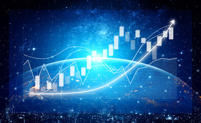 Global Financial Growth Concept with Bar Graphs and World Map in Night Sky Background Digitally Enhanced Impute.
