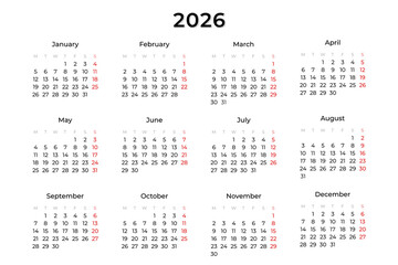 2026 Year Calendar Template. Classic simple minimalist calendar for 2026. White background. Week Starts on MONDAY. Perfect for business planning, office use, and printed calendars. Vector illustration