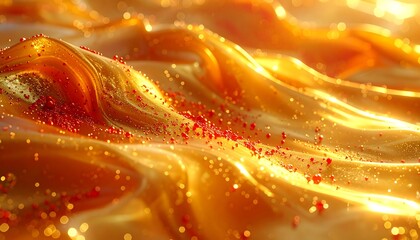 Glowing, undulating golden fabric sprinkled with small, red particles