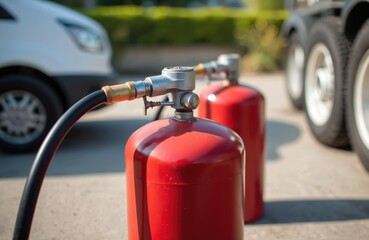 Obraz premium Red gas cylinders connected with hose. Equipment for propane, butane gas, filled with flammable fluid. Liquid fuel container for industrial use. Safety rules and fire protection are important.