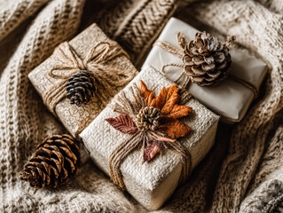 Rustic gift boxes are beautifully arranged with pine cones and autumn leaves on a soft knitted blanket, creating a warm festive atmosphere