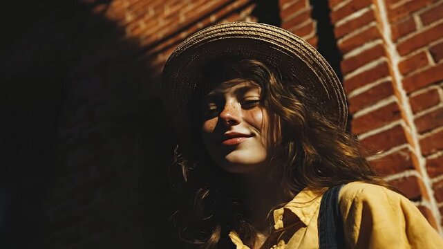 A beautiful young woman with long, wavy brown hair and visible freckles smiles serenely, with her eyes gently closed, as warm, dappled sunlight illuminates her face. She wears a rustic straw hat, a ye