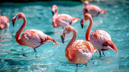 Elegant pink flamingos wading in crystal clear turquoise waters of a serene lagoon