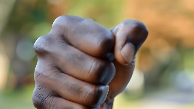 Powerful close-up of a Black man's hand transitioning from a clenched fist to a pointing finger.