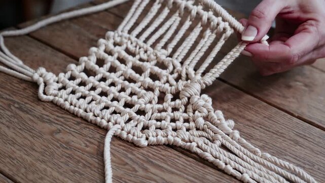 Close-up video of hands crafting macrame on a wooden table. The overhead angle highlights intricate knotting in a rustic, artisanal style.