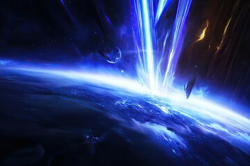 Cosmic impact; Earth under attack by celestial bodies; vibrant blue-and-orange light
