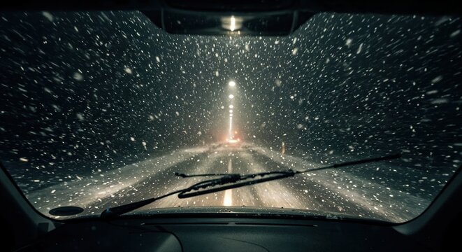 A driver's perspective from inside a vehicle reveals a challenging winter night drive with heavy snow, low visibility, and bright headlights on a dark road.