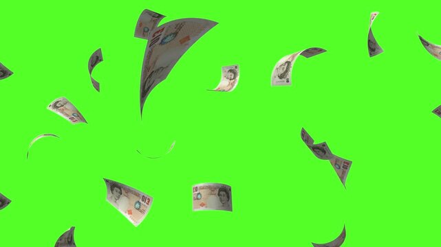 Flying 20 Pounds Bank Notes Flying Green Screen