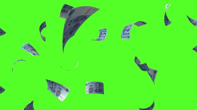 Flying 5 Chinese Yuan Bank Notes Flying Green Screen