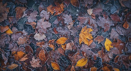 Obraz premium A top-down view reveals a dense carpet of fallen autumn leaves, predominantly brown and orange, intricately covered with delicate white frost on their textured surfaces.