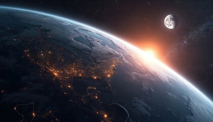 Fototapeta premium Planet Earth from space at sunrise with glowing city lights visible on the surface. Moon orbits above the illuminated horizon with stars and nebula in background.